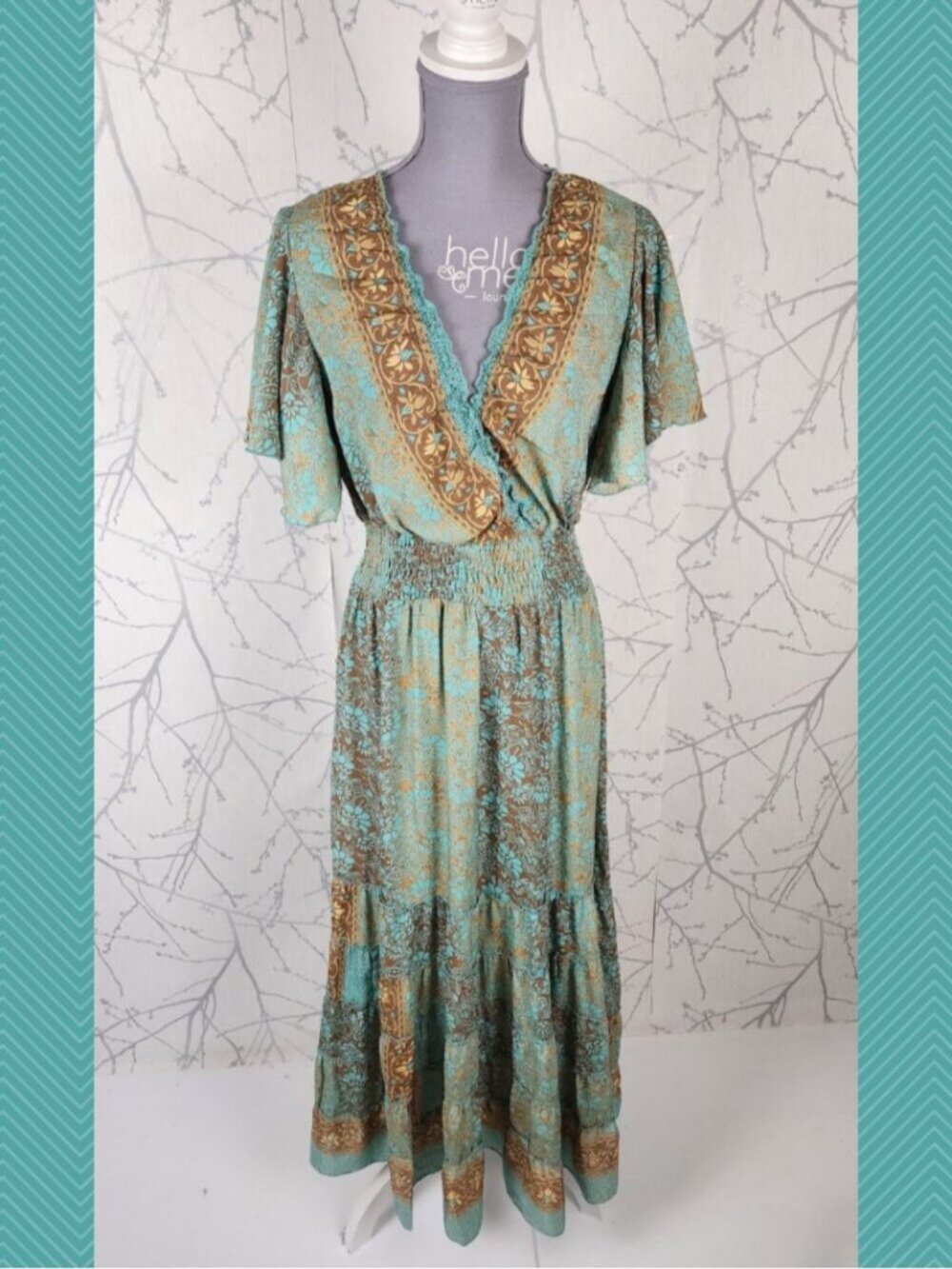 Green Floral Paisley 70% Silk Surplice Tiered Maxi Dress